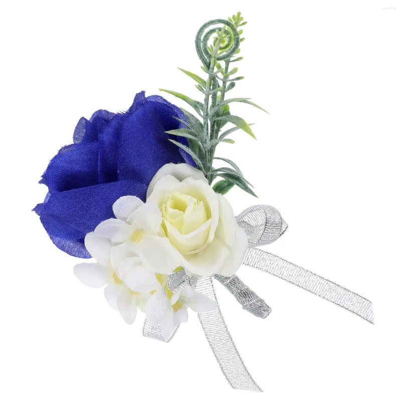 Fiori decorativi Decorazione di nozze Coppia Fiore all'occhiello Sposa Corpetto Seta Blu reale Set Uomo Accessorio per abbigliamento da festa