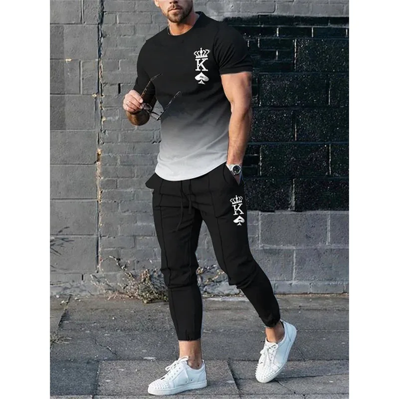 Conjunto de camiseta de treino masculino Letra K Calças impressas em 3D Tracking Calças 2 peças Street Wear Roupa esportiva grande 230718