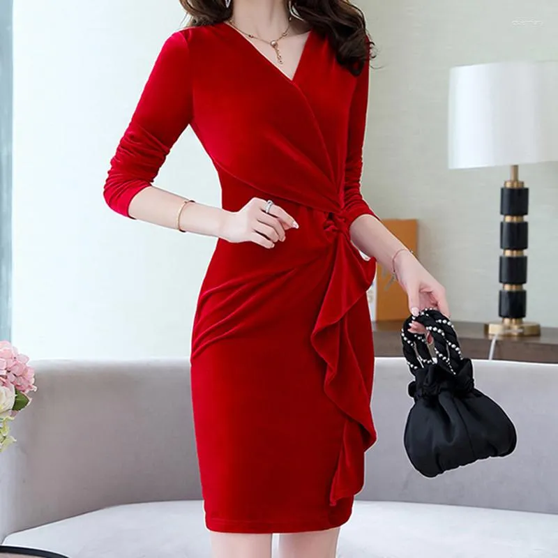 Casual Dresses Spring Autumn Winter Women's Sexy V-hals Velvet Dress Slim Edible Tree Long-Sleeved M-3XL