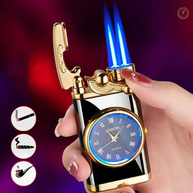 2023 nouvelle montre à bascule lumineuse métal lampe colorée inhabituelle pas de briquet à gaz Jet Butane Double torche coupe-vent cadeau pour hommes U8TC