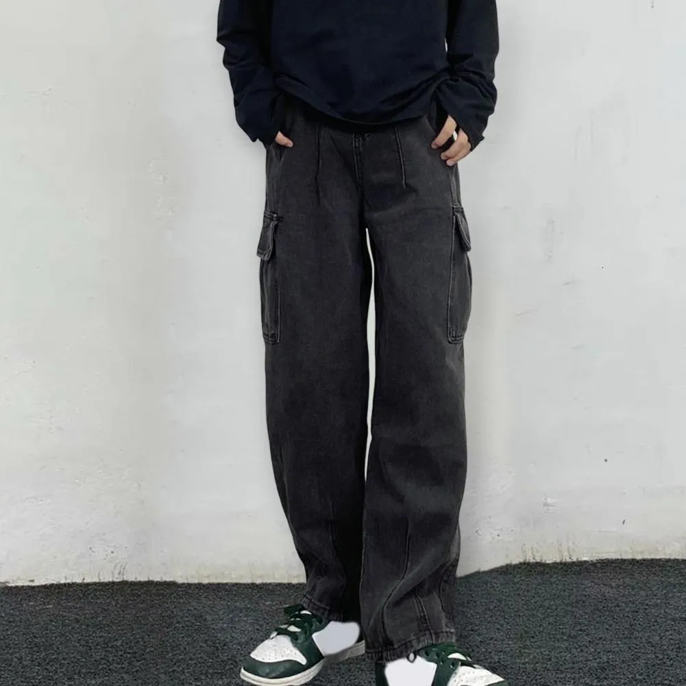 Men s Jeans Men Jean Pants Japanese Retro Solid Color Pocket WideLeg Cargo Trousers Autumn Hip Hop Denim Male pantalones hombre 230718