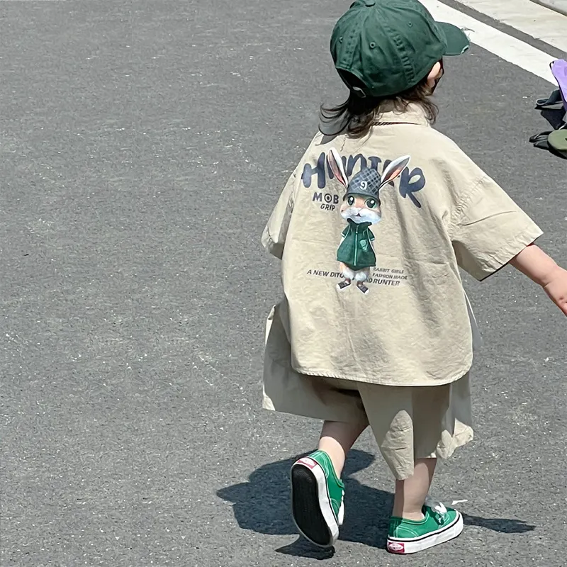 Conjunto de verano para niños, vestido de verano bonito con estampado de dibujos animados de algodón de Color puro para niños