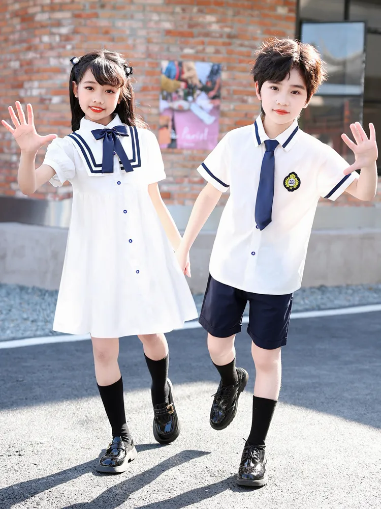 Särskilda tillfällen dagis Graduation pos Pure Cotton Suit Elementary School Navy Blue Dress Kvinnlig Studentklänning Kort ärm College Style 230717