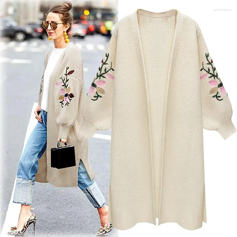 Women's Knits Lugentolo Long Cardigans Women Lantern Sleeve Sweater Embroidered Knitted Cardigan Fall Fashion Loose Sweaters