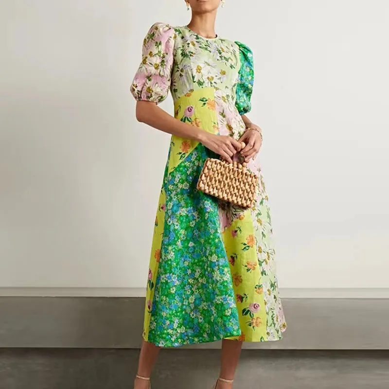 Womens Linen Print Dress with Crew Neck and Short Lantern Sleeves, Floral  Panelled Design, 100% Cotton, Long Length from Dhgate Women's T-Shirt -  price 77.98
