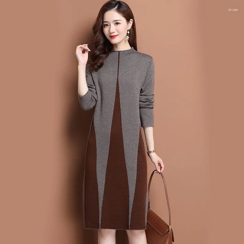 Casual Dresses Contrasting Colors Half High Neck Knee-length Women's Clothing Patchwork Loose Waist Autumn Winter Straight Pullover B93