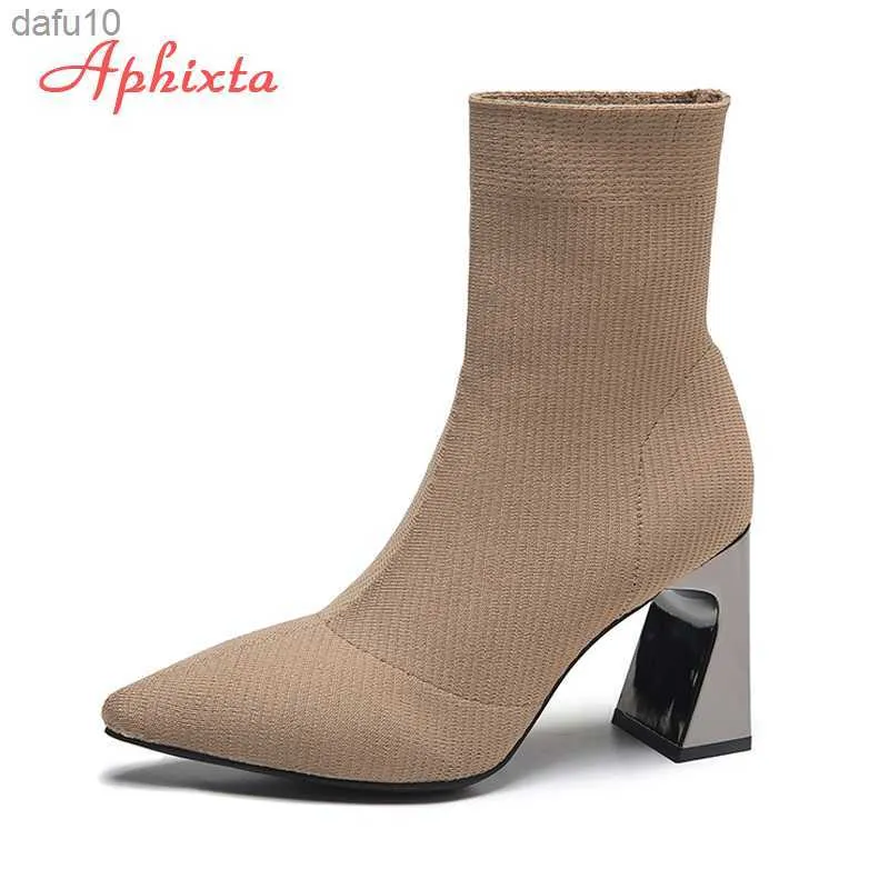 Aphixta 8cm Metal Concave Square Heel Stretch Fabrics Sock Boots Women Shoes Camel Stretch Knit Pointed Toe Boots L230704