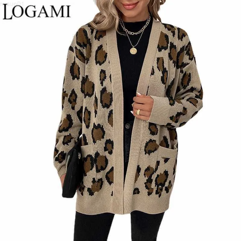 Frauen Pullover LOGAMI Leopard Print Tasche Gestrickte Pullover Herbst Winter Neue Stil Pullover frauen Strickjacke Mantel L230718