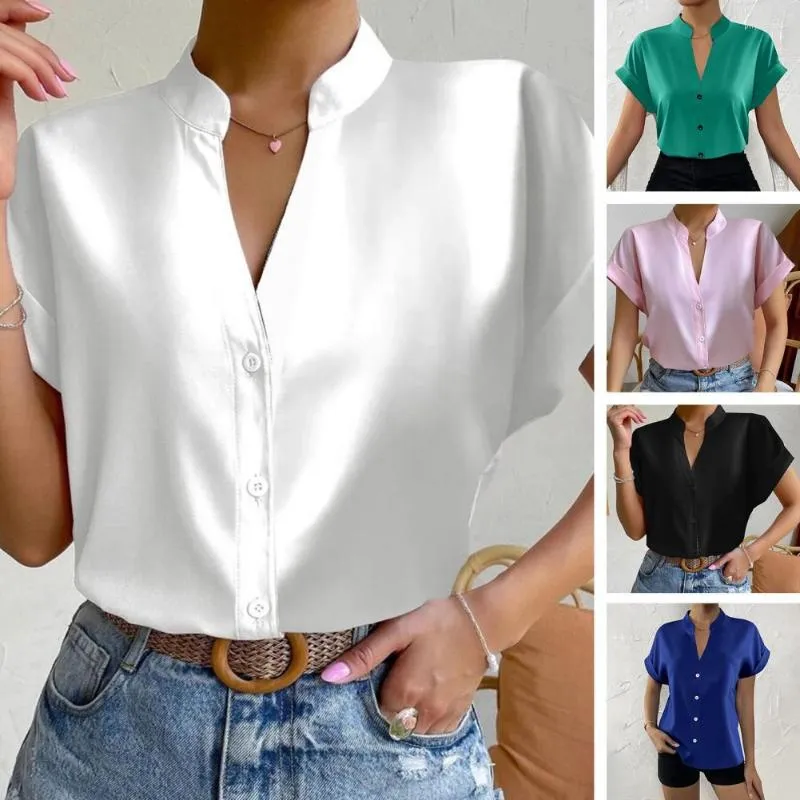 Women's Blouses Women Shirt V Neck Stand Collar Short Sleeve Lady Summer Blouse Silky Smooth Formal Business OL Commute Style Top