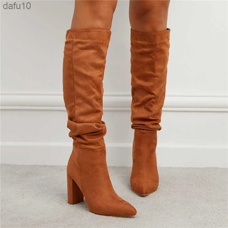 2023 femmes genou bottes hautes 10cm talons hauts troupeau marron bottes dame plate-forme bout carré chaussons empilés bloc talons Baggy chaussures L230704