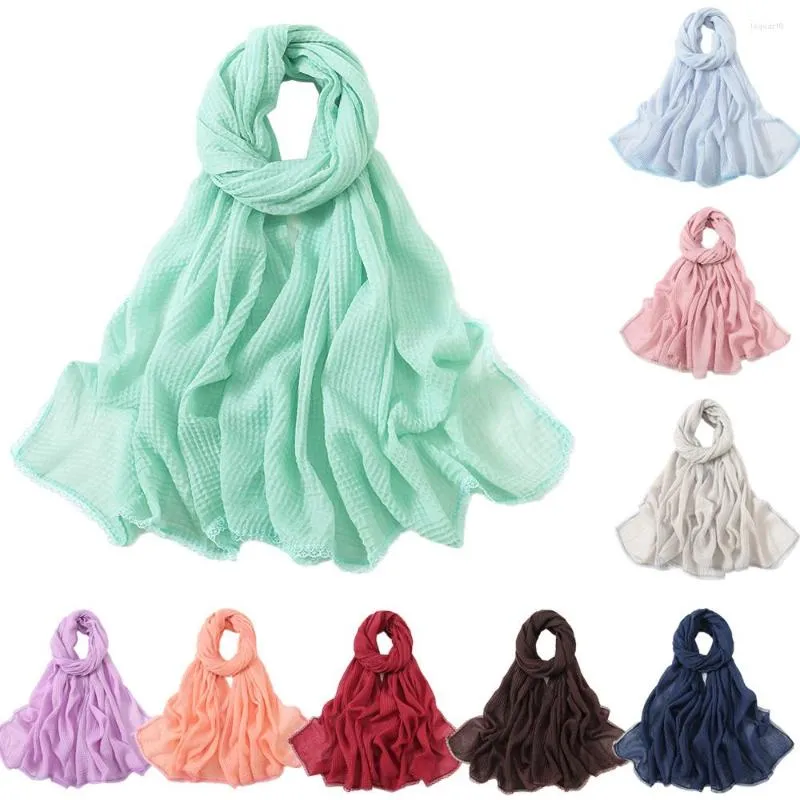 Scarves Lace Edges Women Crinkle Long Scarf Solid Color Headwrap Hijab Shawls Foulard Femme Headband Muslim Veil Turban Hair Accessories