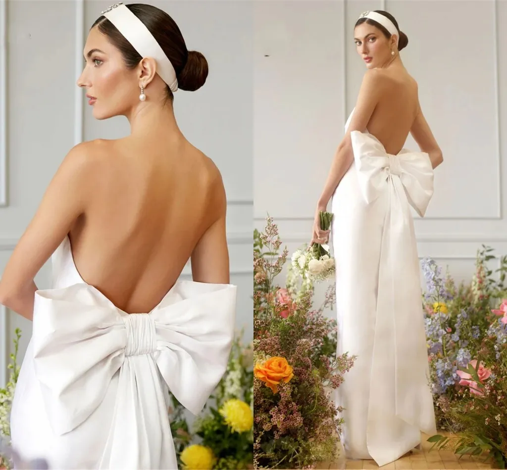 Элегантное женское свадебное платье-футляр 2024 с большим бантом и открытой спиной без бретелек Простое атласное пышное свадебное платье Vestidos De Novia Robe De Soiree