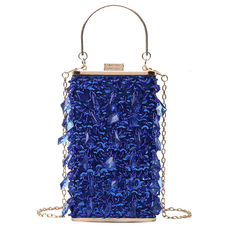 Evening Bags Fashion Crystal blue Clutch Bag Designer Party Purse Box Chain Shoulder Ladies glaring gold handbag B366 230718
