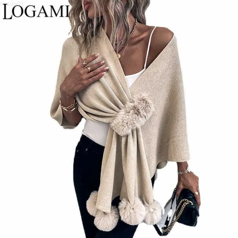 Maglioni da donna LOGAMI Maglione con mantello in pelliccia da donna 2022 Autunno Inverno Poncho lavorato a maglia Shl da donna L230718