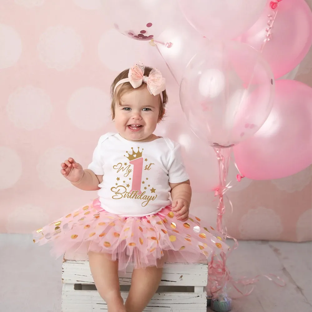 Es ist mein 1. Geburtstag, Baby-Mädchen-Geburtstagsparty-Kleid, rosa Tutu-Kuchenkleider + Strampler-Set, Outfits für Mädchen, Sommerkleidung, Overall