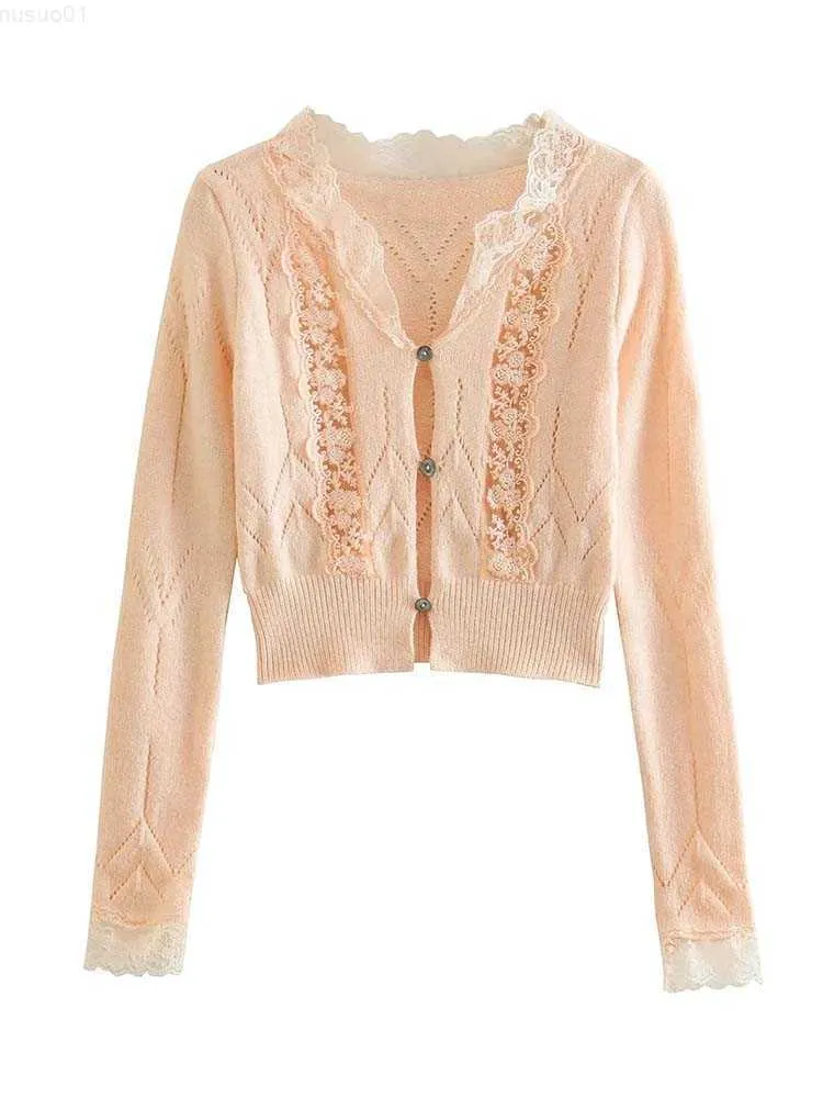 Women's Sweaters TRAF 2023 Women Lace Jacquard Knitted Sweater Cardigan Coat Fashion Vintage Long Sleeve Spring Casual Thin Cardigans Tops L230718