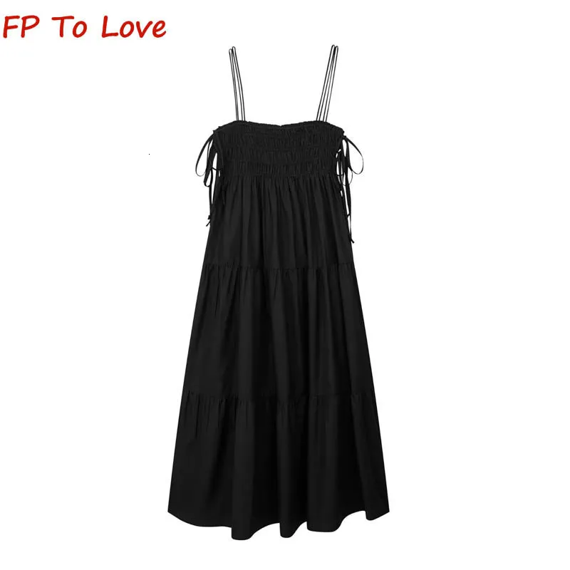 Grundlegende Freizeitkleider OOTD Frau Sommer Bogen Knoten getrimmt Popeline Vintage Spaghetti-Trägern Schwarz Frauen Chic Lace Up Midi Kleid 0881203 230718