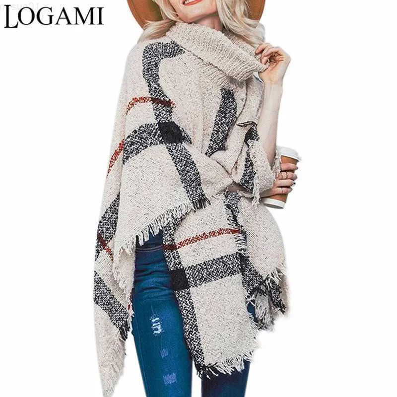 Kvinnors tröjor Logami Poncho Style Coat Autumn Winter Poncho Sticking Turtleneck Kvinnor Långa ponchos och kappströja Pullovers Pull Femme L230718