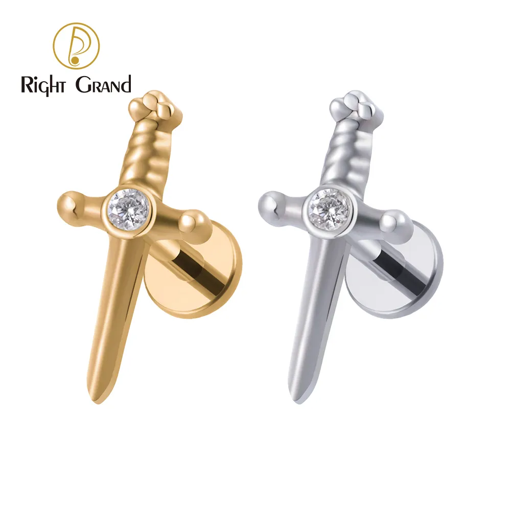 Ombelico Bell Button Rings Right Grand ASTM F136 16G Internamente filettato Cute Sword Helix Stud Orecchino Daith Cartilage Tragus Lobe Pugnale Piercing 230717