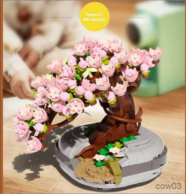 Blocos Bloco de decoração MINI Modelo de decoração de casa Flor de cerejeira vaso suculento bonsai decoração de sala de estar presente criativo R230718