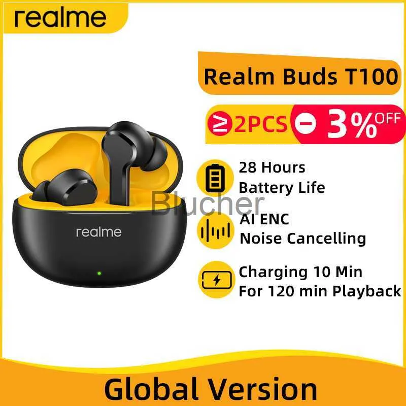 Hörlurar hörlurar Global version Realme Buds T100 TWS Earphone Bluetooth 53 Ai Niose Avbryt trådlösa hörlurar 28 timmars batteri för Realme 10 x0718