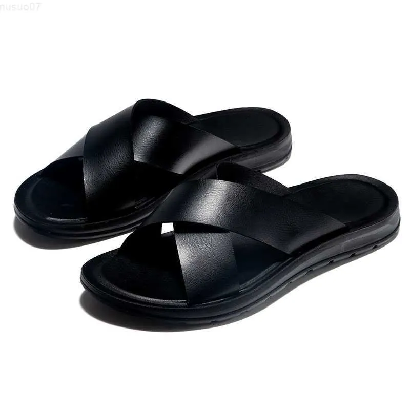 Slippers Italian Designer Summer Men PU Leather Slippers Slides Indoor Home House Outdoor Beach Slip on Shoes Flats Male Lightweight L230718