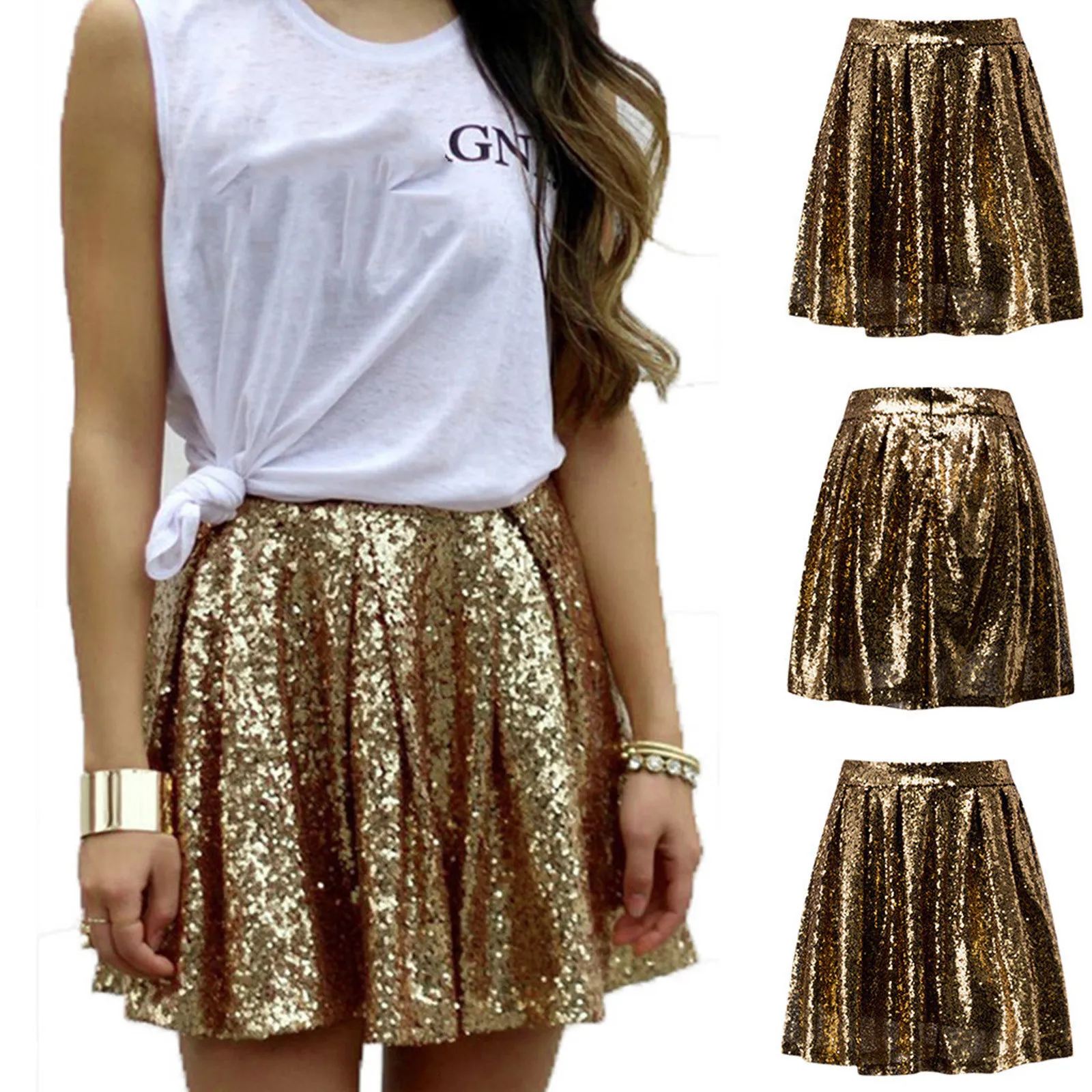 Skirts Women's Fashion High Waist Pleated Gold A-line Short Skirt Loose Sequin Skirts Party Pleated Skirt Night Club Dance Mini Skirt 230717
