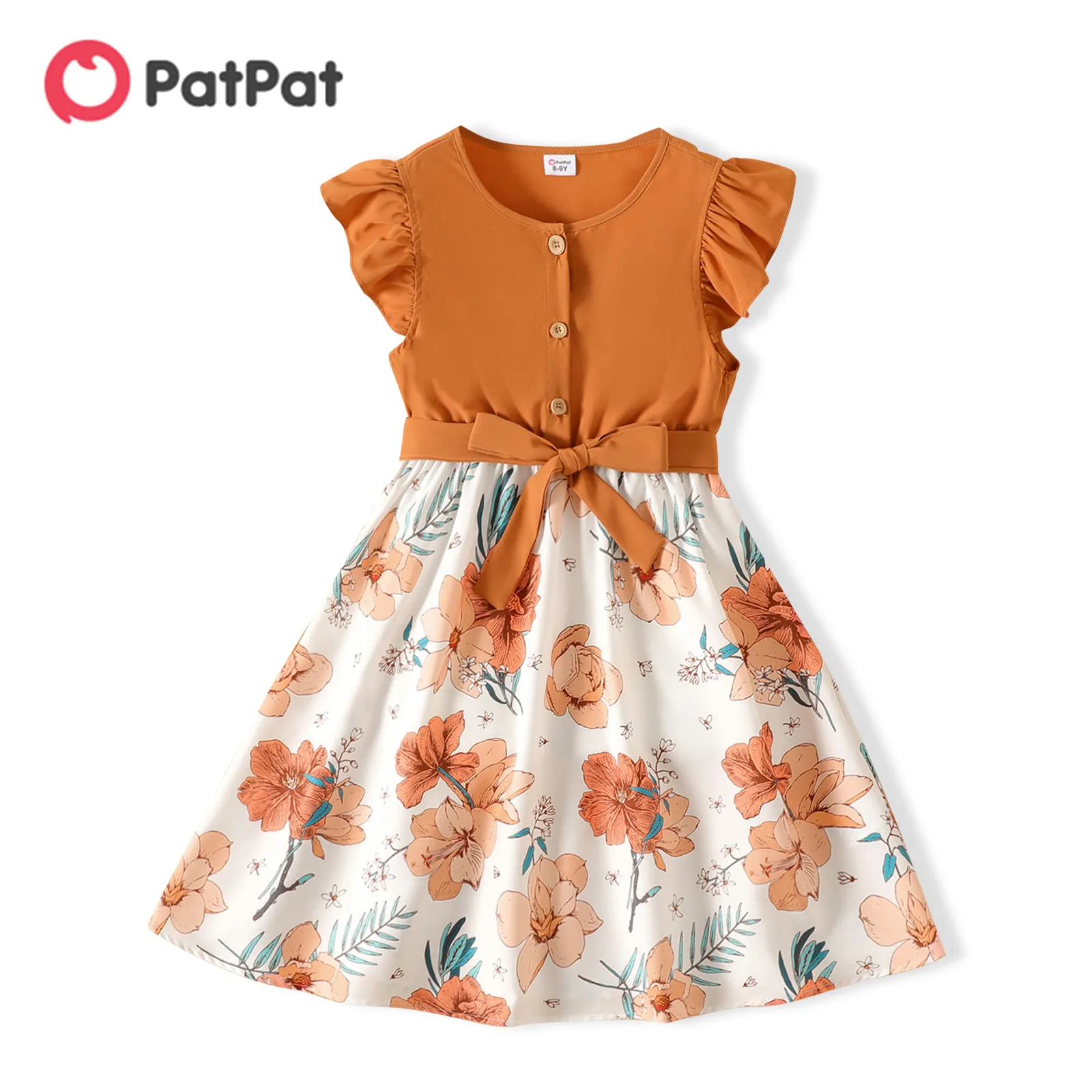 Patpat Girl Kids Dress Girl Dresses för mycket elegant fest Ruffled Floral Print Splice Belted Flutter-Sleeve Dress Girl Clothing