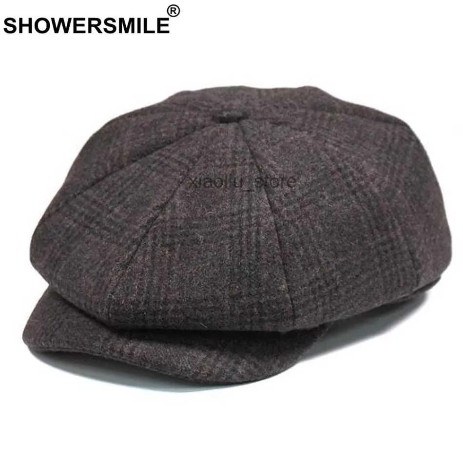 Newsboy Hatts Showersmile Brand Plaid Newsboy Cap Men Vintage Wool Octagonal Cap Male Warm Winter Painter Hat Gray Brown British Caps and Hats HKD230718