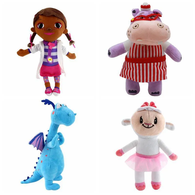 Fabricantes atacam 4 estilos de Doc McStuffins brinquedos de pelúcia hipopótamo dinossauro ovelha bichos de pelúcia desenhos animados em torno de bonecas para presentes infantis