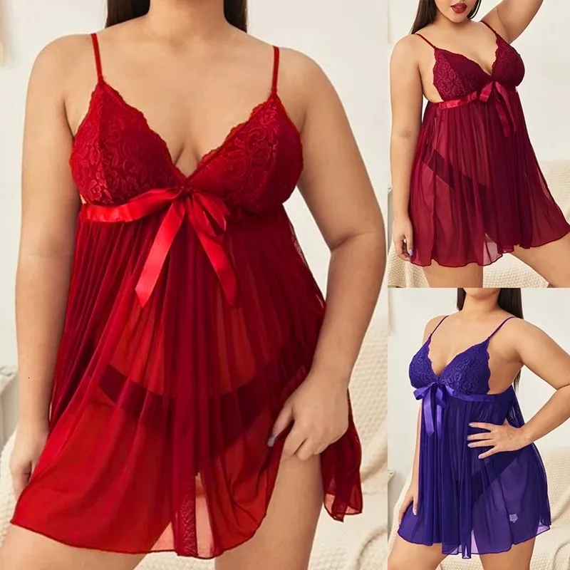 Pyjama Sexy Bretelles Spaghetti Dentelle Sexy Chemises De Nuit Femmes Sans Manches Col En V Bowknot Chemise De Nuit Robe De Nuit Vêtements De Nuit Pyjama Exotique Avec String 230718