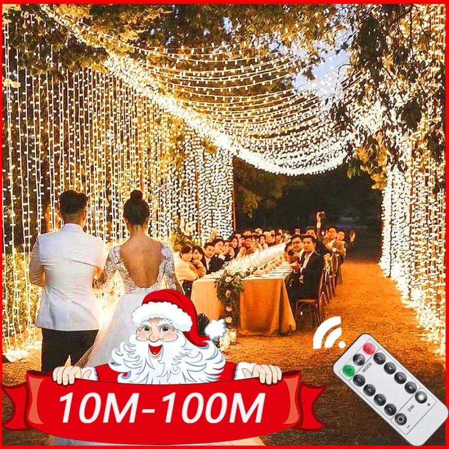 LED String Fairy Lights 10m-100m Chain Outdoor Garland Waterproof 220V 110V För bröllopsfest Tree Christmas Ramadan Decoration