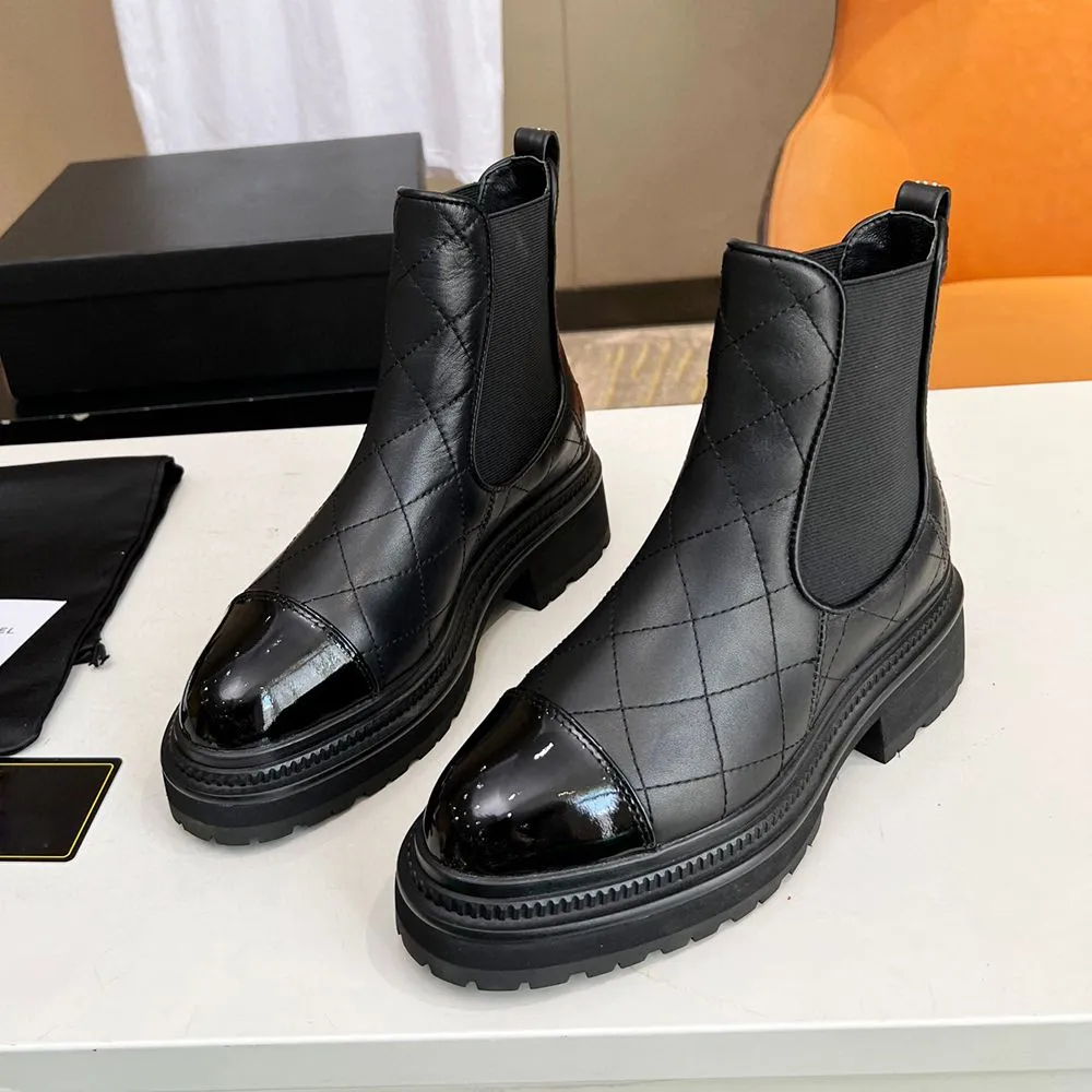 Botas de tornozelo de couro xadrez chelsea botas plataforma deslizamento plataforma plana meia botas de luxo designer de alta qualidade botas de salto grosso feminino