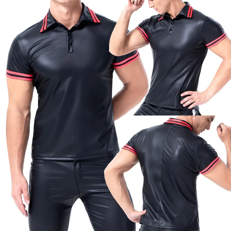 T-shirty w dużych rozmiarach faux skórzane koszulki krótkie rękawy TEE Sports Fitness Body Shapers