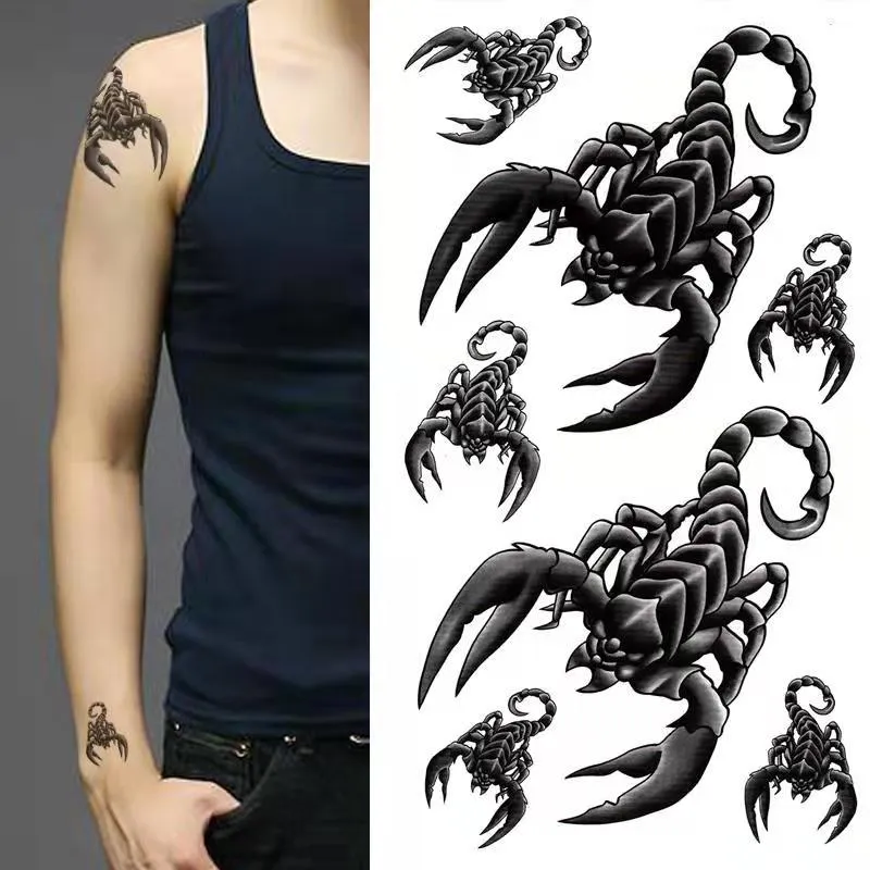Vattentät tatuering klistermärken 3D svart giftig skorpion manlig hand tillbaka personlighetskonst falsk tatuering arm concealer tillfällig tatuering