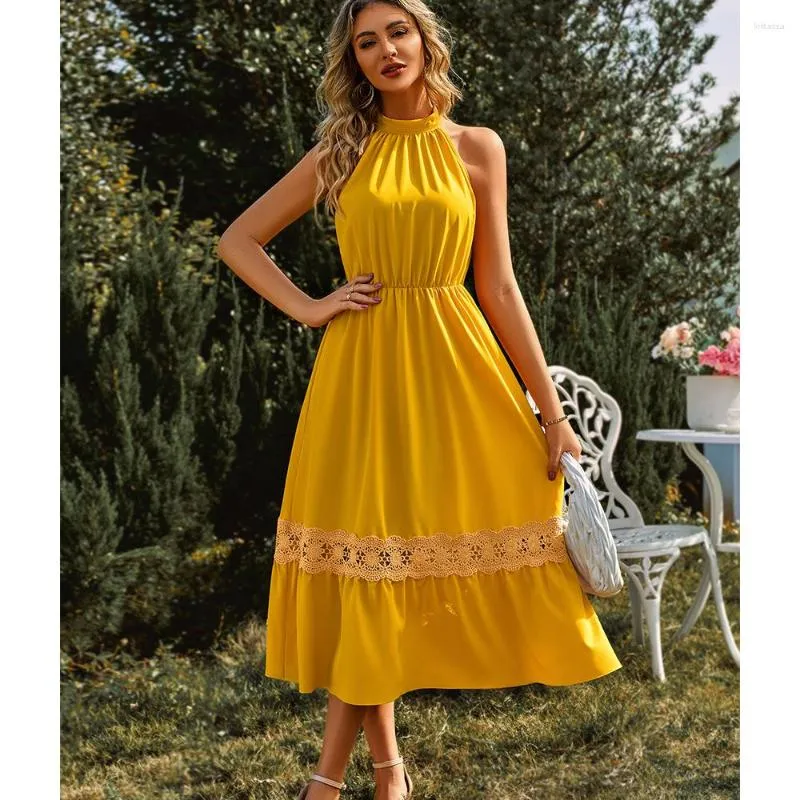 Robes décontractées jaune sans manches licou cou robe d'été femmes Sexy creux plié dentelle bohème mode taille haute mince plage