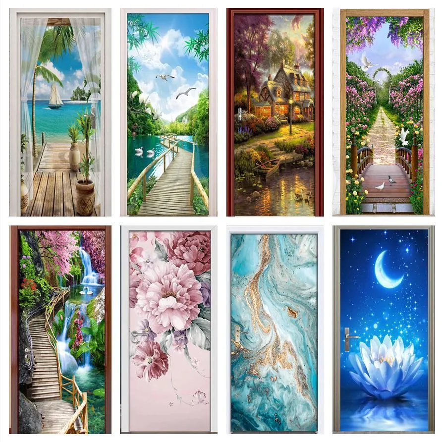 Stickers muraux moderne créatif sur la porte paysage fleurs 3D papier peint vinyle Po couloir chambre décor décalcomanie affiches 230717