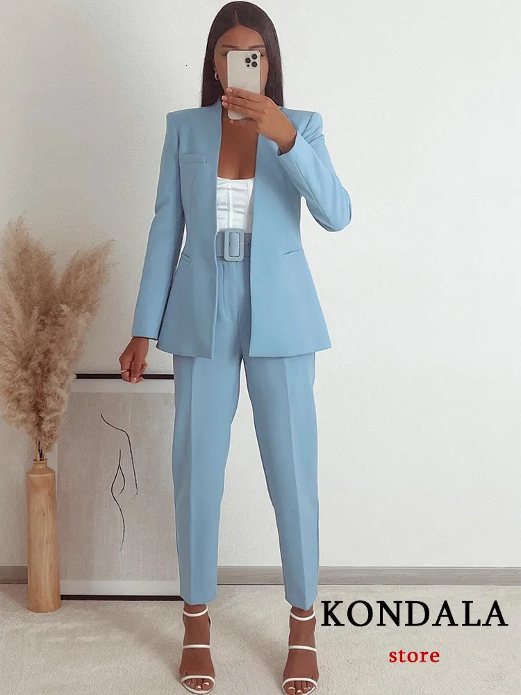 Dames tweedelige broek KONDALA kantoor dame lichtblauw blazerpak 2 stuks V-hals losse jassen hoge taille sjerpen mode 2023 lente sets 230718