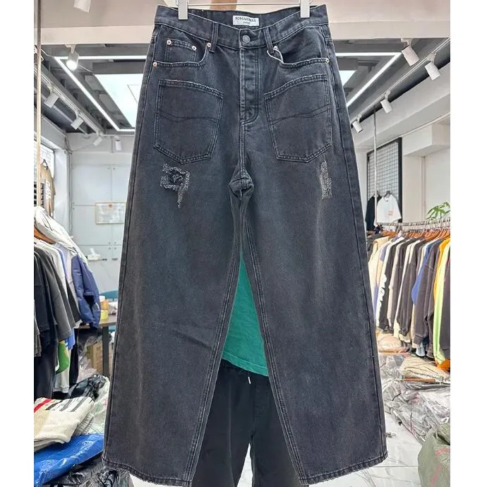Calças casuais retas com furos no bolso Jeans masculino preto Real Pics 23ss