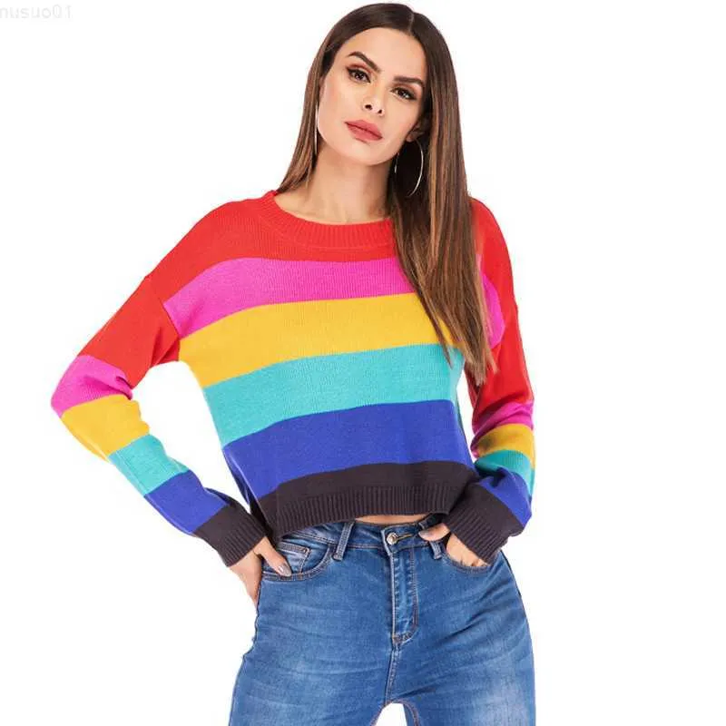 Kvinnors tröjor Kvinnor Rainbow Sweater Autumn Winter Lady's Long Sleeve Fashion Loose Striped Sticked Shirts Jumpers Pullover Tops L230718