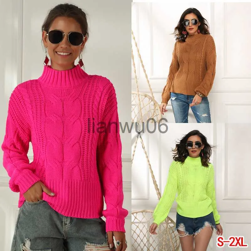 Neon Sweaters for Women Knitted Fluorescent Khaki Pink Pullover Casual Loose Half High Neck Long Sweater
