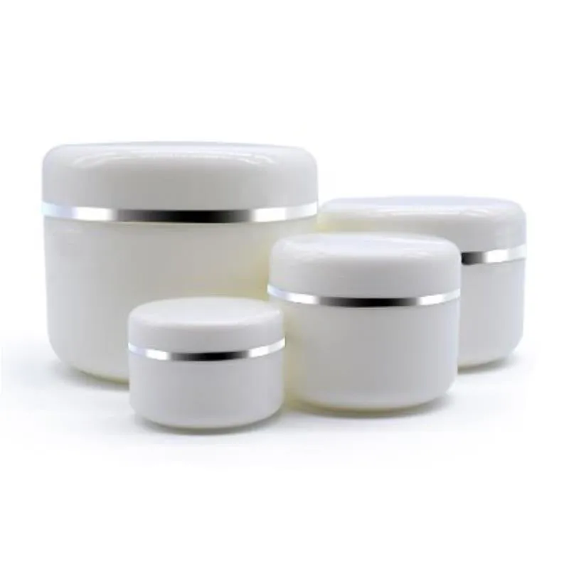 20 50 100 250ML Empty White Silver Edge Portable Refillable Plastic Cosmetic Makeup Face Cream Jar Sample Container Bottle Pot Mcgxr