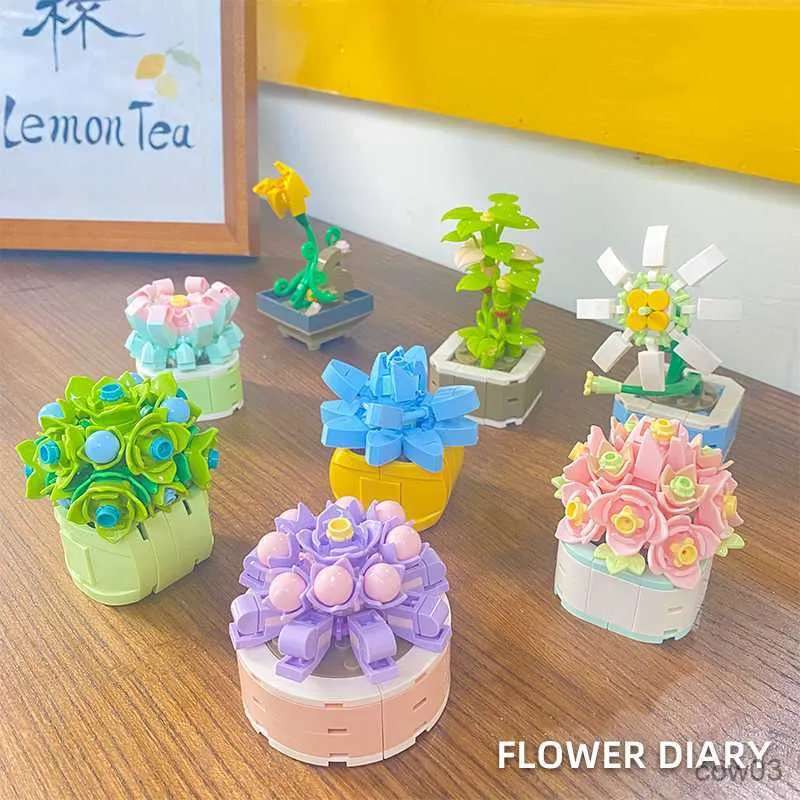 Blocks Romantic Assembly Brick Building Blocks Bouquet Flower Model Home Decoration Plant Potted Girl Gift Children's Toys R230718