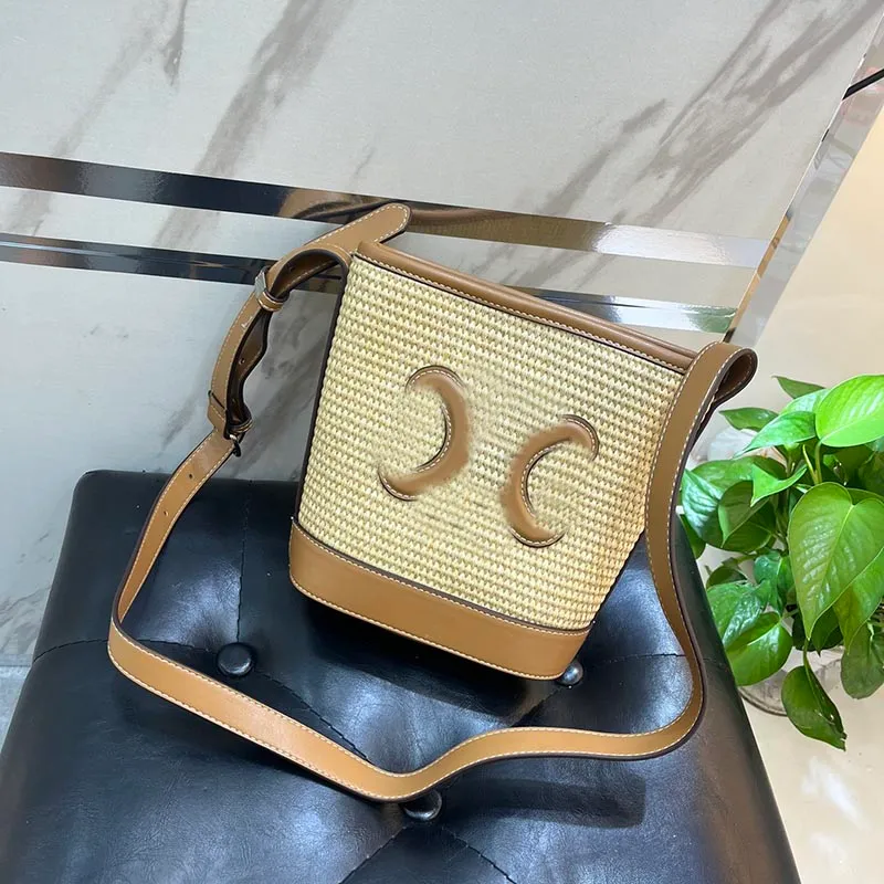 Straw Bag Mini Bucket Bag Beach Bag Women Crossbody Bag Shoulder Bags Composite Bag Purse Plant Material Effect Fabric Cow Leather Inner Bag Silver Hardware Buckle