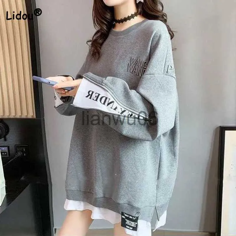 Dames Hoodies Sweatshirts Casual Rits Gesplitst Nep Twee Stukken Sweatshirts Dameskleding Mode Brief Bedrukt Losse Ronde Hals Truien Vrouwelijk J230718