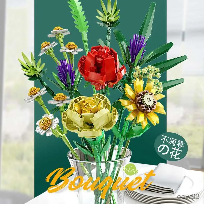 Blokken Bloem Plant Boeket Bouwstenen Zonnebloem Anjer Kamille Bloem Roos DHZ Romantische Bloem Baksteen Kinderen Speeltjes Geschenk R230718