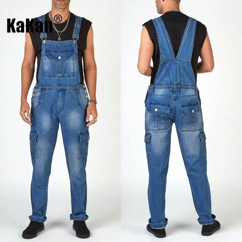 Heren Jeans Kakan Europese en Amerikaanse Street Trendsetter Multi Pocket Suspender Blue Jumpsuit K34 667 230718
