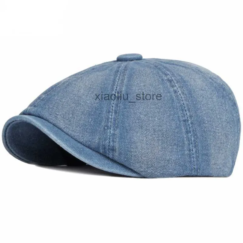 Krantenverkoper Hoeden HT3777 Baretten Mannen Vrouwen Platte Pet Hoed Gewassen Katoen Denim Baret Cap Vintage Kunstenaar Schilder Baret Hoed Unisex Achthoekige Krantenjongenspet HKD230718