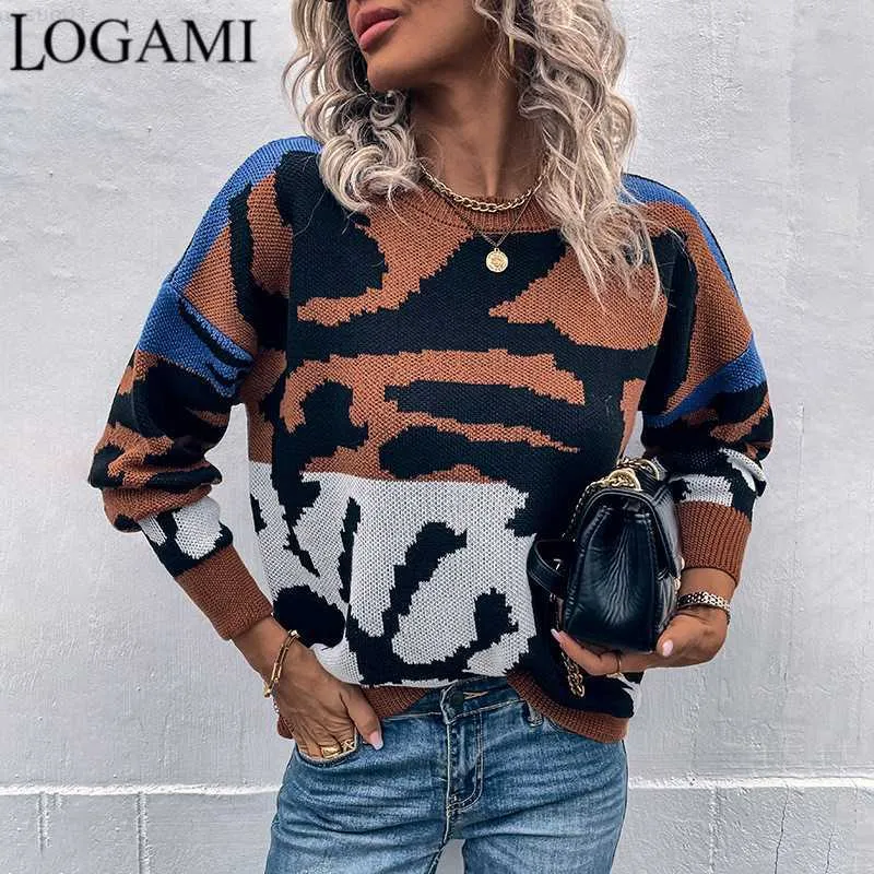 Women's Sweaters LOGAMI Contrast Color Round Neck Sweater Women's 2022 Autumn Winter New Pullover Tiger Print Sweaters L230718