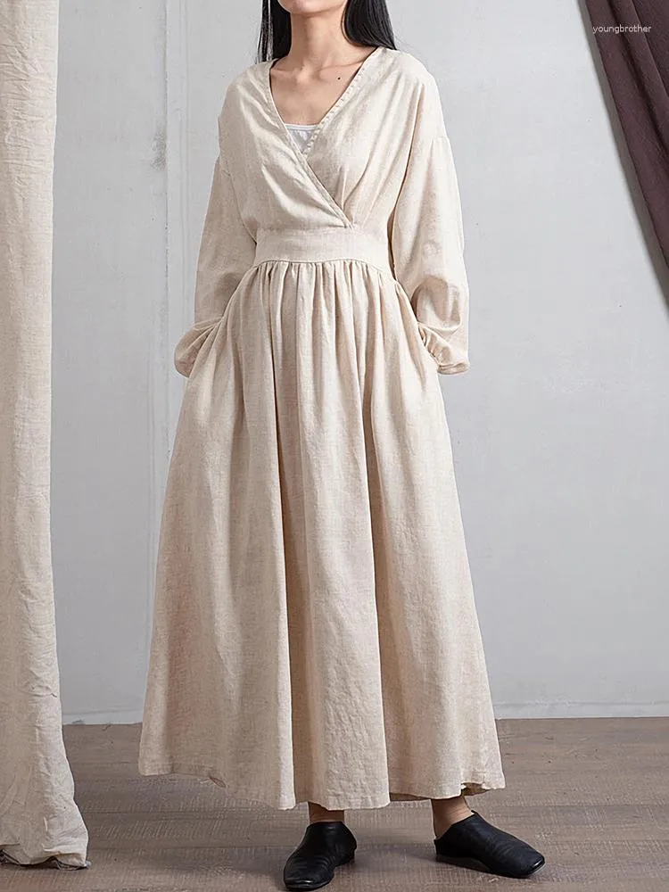 Robes décontractées Vintage col en V profond femme Robe 2023 printemps été solide à manches longues Robe taille à lacets femme coton lin Style chinois